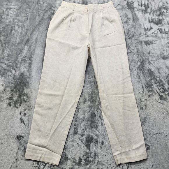 Sag Harbor Pants - Vintage Sag Harbor Pants Womens 12 Tan Linen Blend Pleated High Rise Tapered